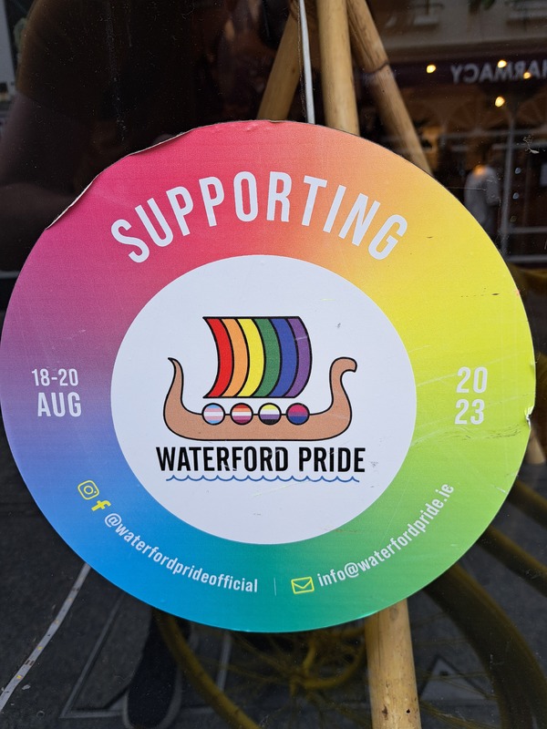 Waterford Pride sticker featuring rainbow Viking ship