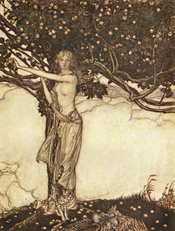 Illustration of the goddess Freyja with her cats (A. Rackham)