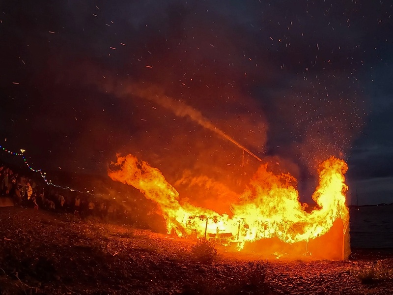 The long ship burning at the Largs Viking and Fire Festival (Scotland)