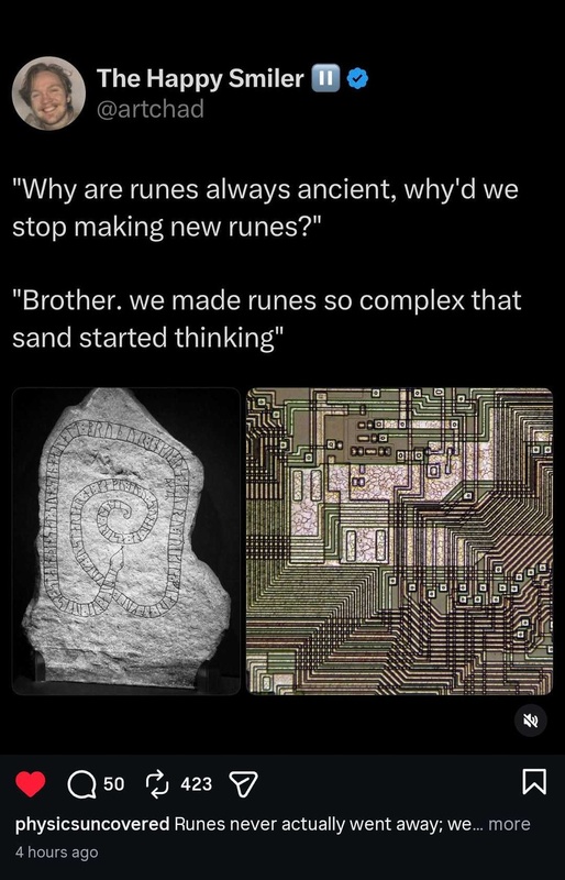 Screenshot of a meme equating microchips to Norse runes.