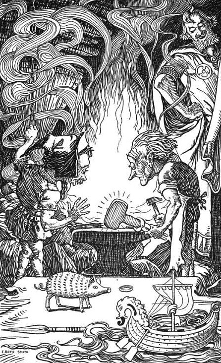 Illustration by Elmer Boyd Smith of the dwarf-crafted treasures,  including the boat Skíðblaðnir