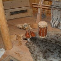 Photograph of a drum inside the reconstruction of Erik the Red's House