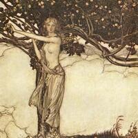 Illustration of the goddess Freyja with her cats (A. Rackham)