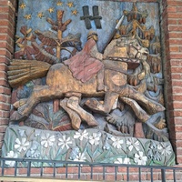 Depiction of Odin riding Sleipnir outside Oslo Rådhuset (City Hall)