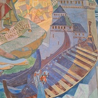 Depiction of Viking ships in mural by Alf Rolfsen