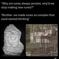 Screenshot of a meme equating microchips to Norse runes.